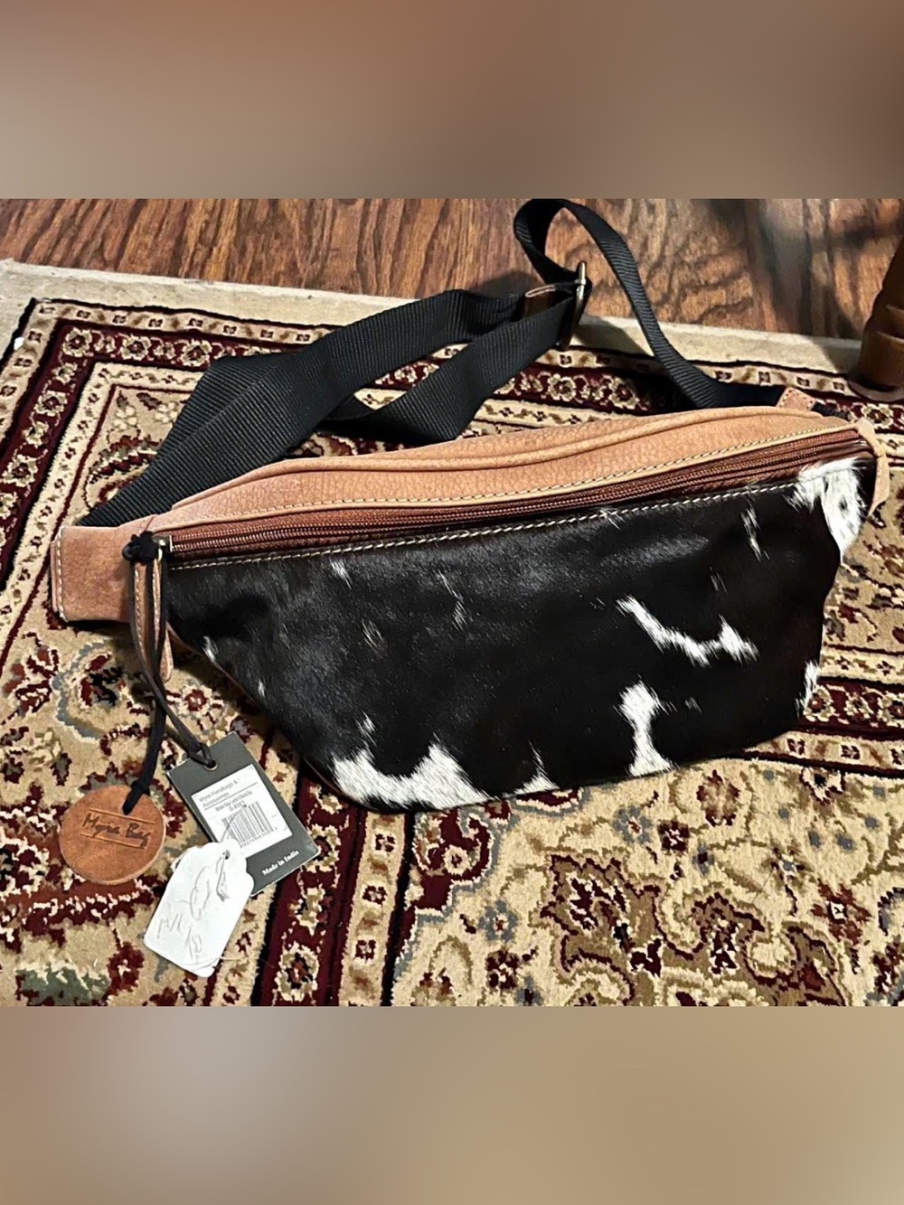 Myra BagLeather and Haircalf Black Cowhide Crossbody Waist Bag NWT